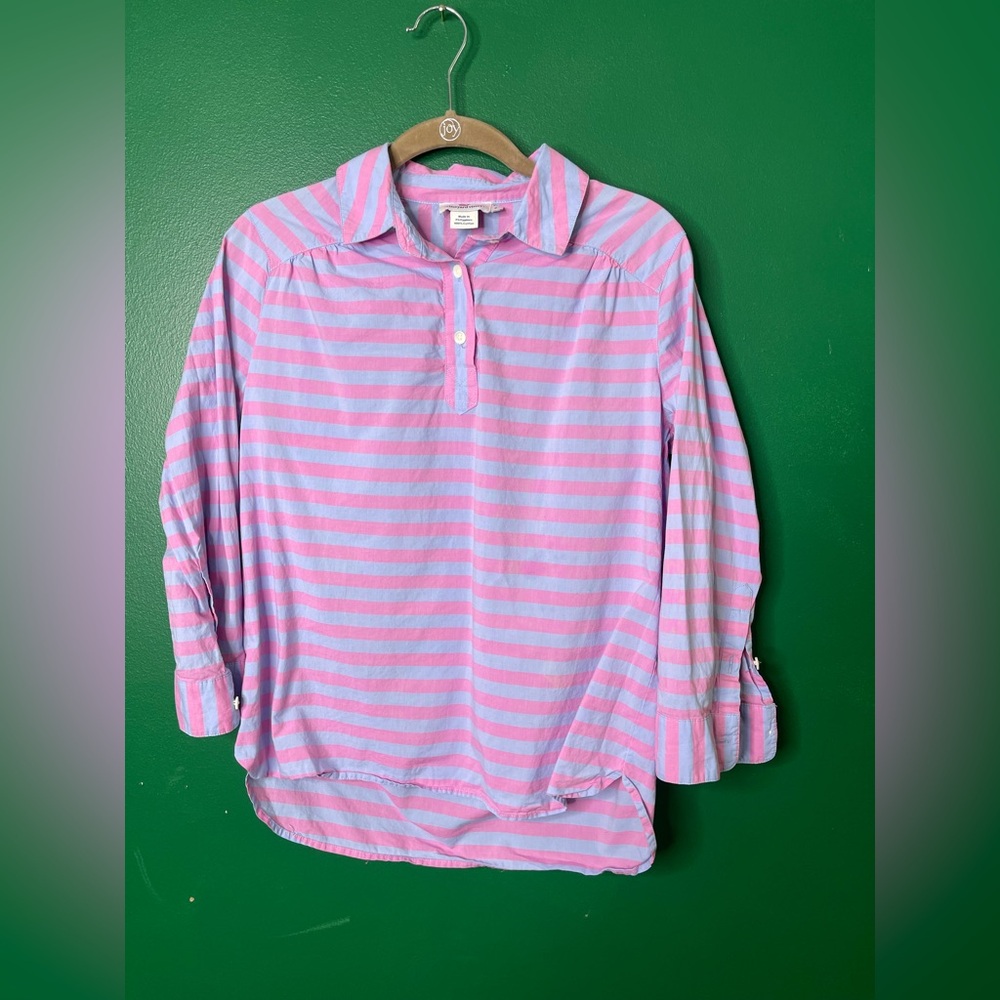 Vineyard Vines Pink Striped Cotton Poplin Pullover Shirt 3/4 Sleeves Sz 2 - Picture 2 of 8